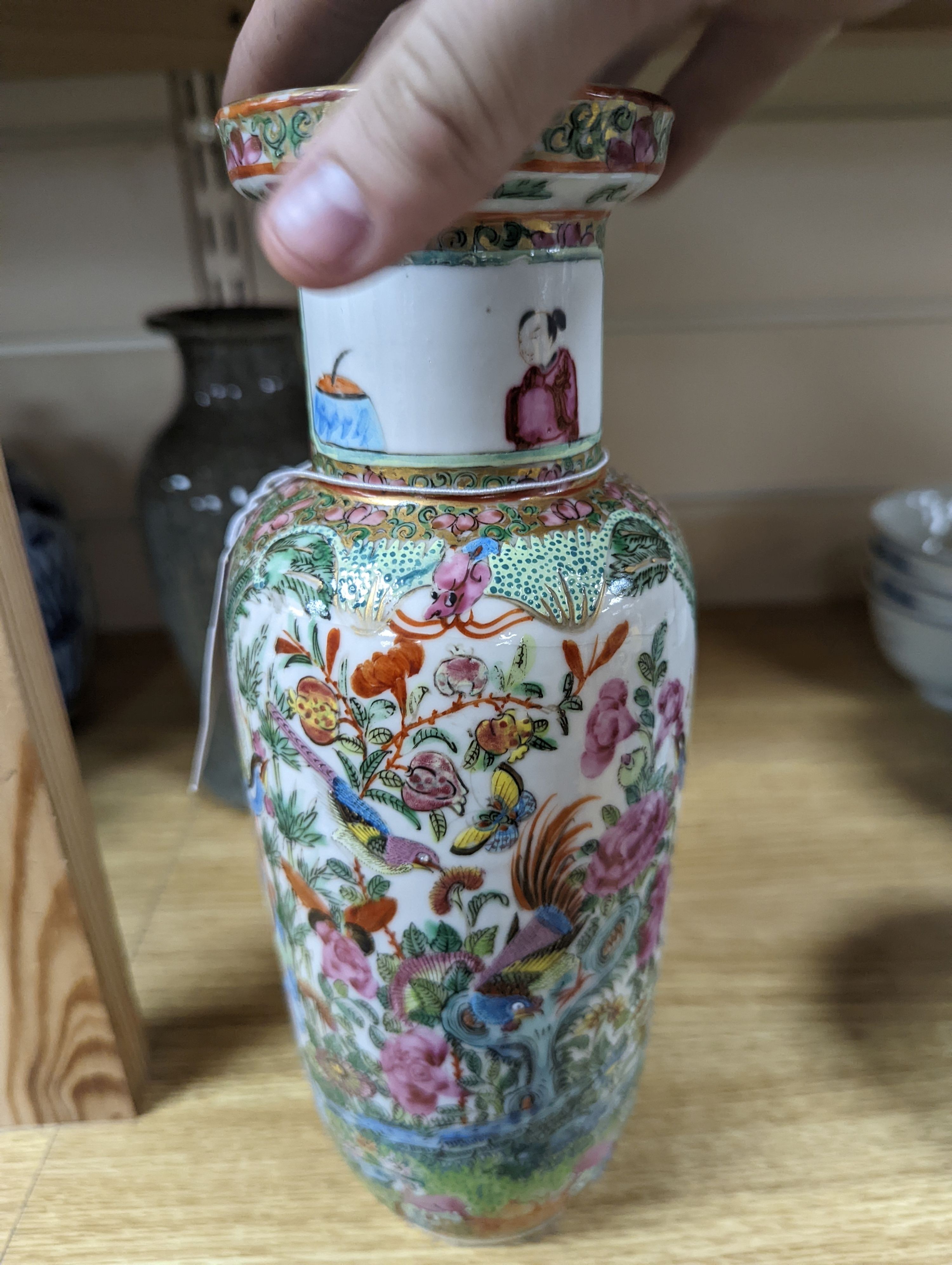 Two Chinese famille rose vases and a Celadon crackle glazed vase, 19th-century and later, tallest 25 cm